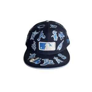 MLB All Over Logos New Era Teams Cap Hat Black /Blue Cap Hat 7 3/4